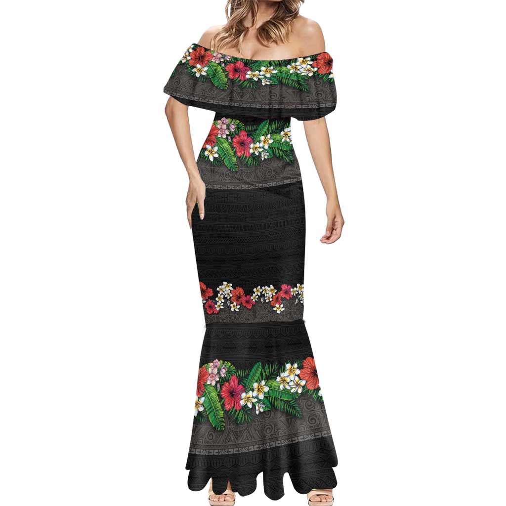 Hawaiian Tropical Flowers and Tribal Polynesian Tattoo Mermaid Dress Black Color LT03 - Polynesian Pride