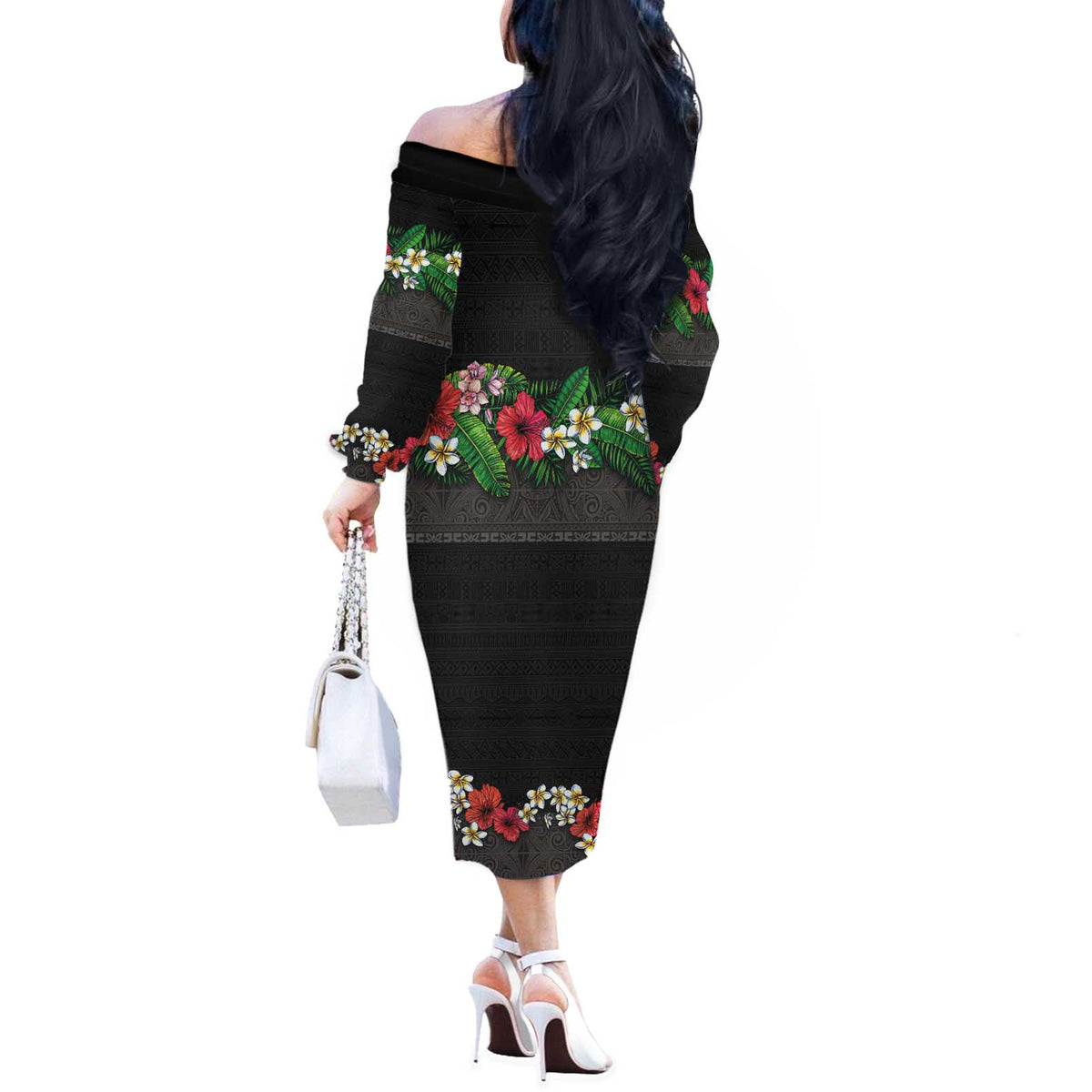 Hawaiian Tropical Flowers and Tribal Polynesian Tattoo Off The Shoulder Long Sleeve Dress Black Color LT03 - Polynesian Pride