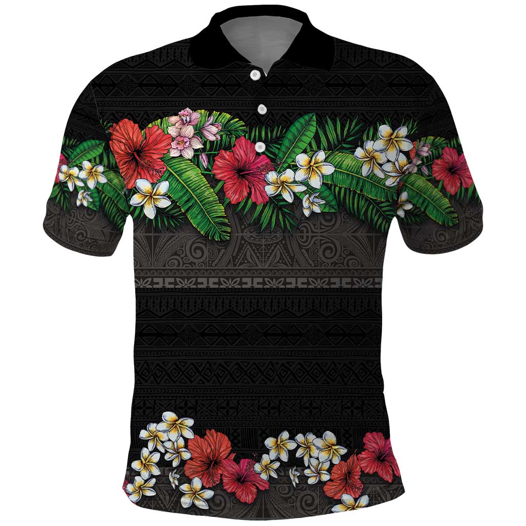 Hawaiian Tropical Flowers and Tribal Polynesian Tattoo Polo Shirt Black Color LT03 Black - Polynesian Pride