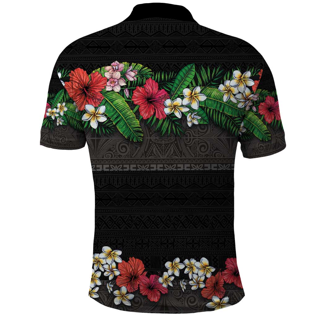 Hawaiian Tropical Flowers and Tribal Polynesian Tattoo Polo Shirt Black Color LT03 - Polynesian Pride