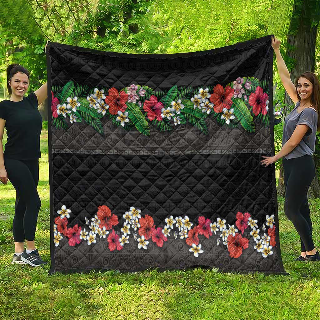 Hawaiian Tropical Flowers and Tribal Polynesian Tattoo Quilt Black Color LT03 - Polynesian Pride