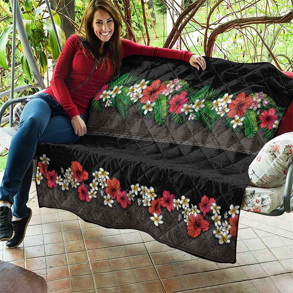 Hawaiian Tropical Flowers and Tribal Polynesian Tattoo Quilt Black Color LT03 - Polynesian Pride