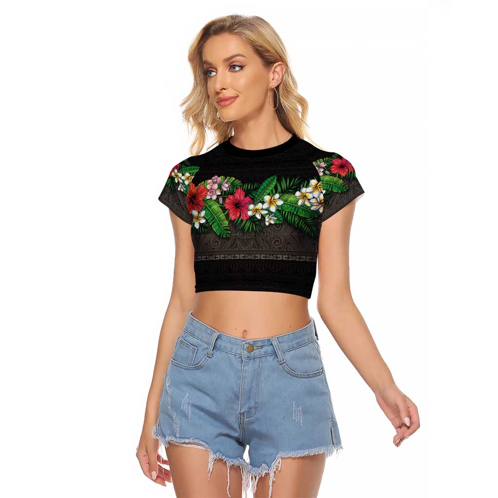 Hawaiian Tropical Flowers and Tribal Polynesian Tattoo Raglan Cropped T Shirt Black Color LT03 Female Black - Polynesian Pride