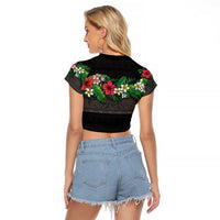 Hawaiian Tropical Flowers and Tribal Polynesian Tattoo Raglan Cropped T Shirt Black Color LT03 - Polynesian Pride