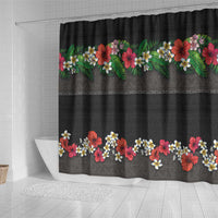 Hawaiian Tropical Flowers and Tribal Polynesian Tattoo Shower Curtain Black Color