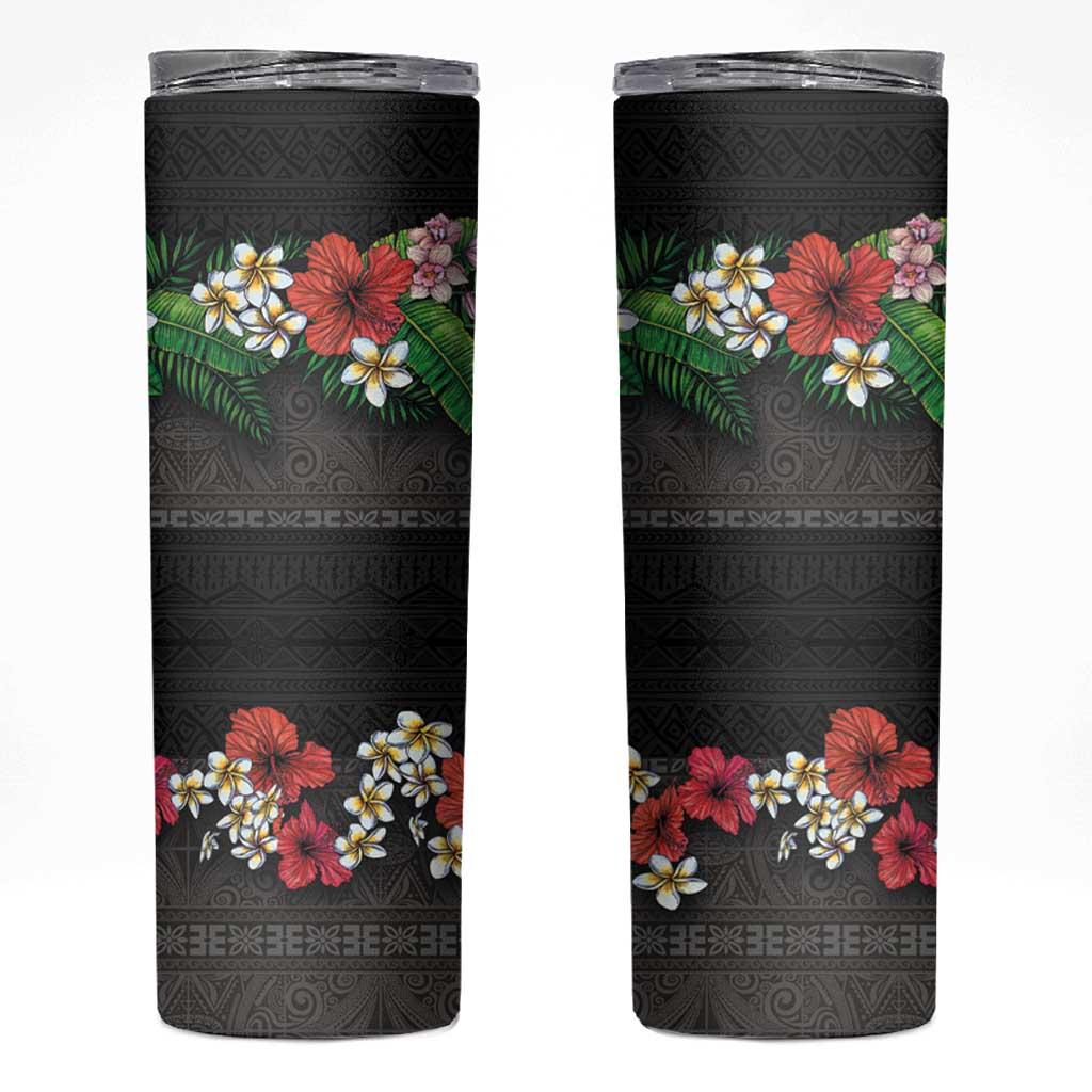 Hawaiian Tropical Flowers and Tribal Polynesian Tattoo Skinny Tumbler Black Color LT03 Black - Polynesian Pride