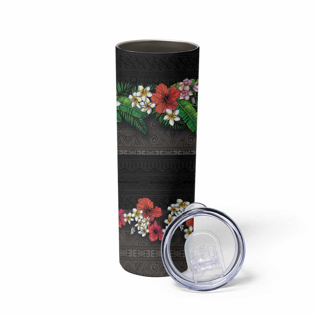 Hawaiian Tropical Flowers and Tribal Polynesian Tattoo Skinny Tumbler Black Color LT03 - Polynesian Pride