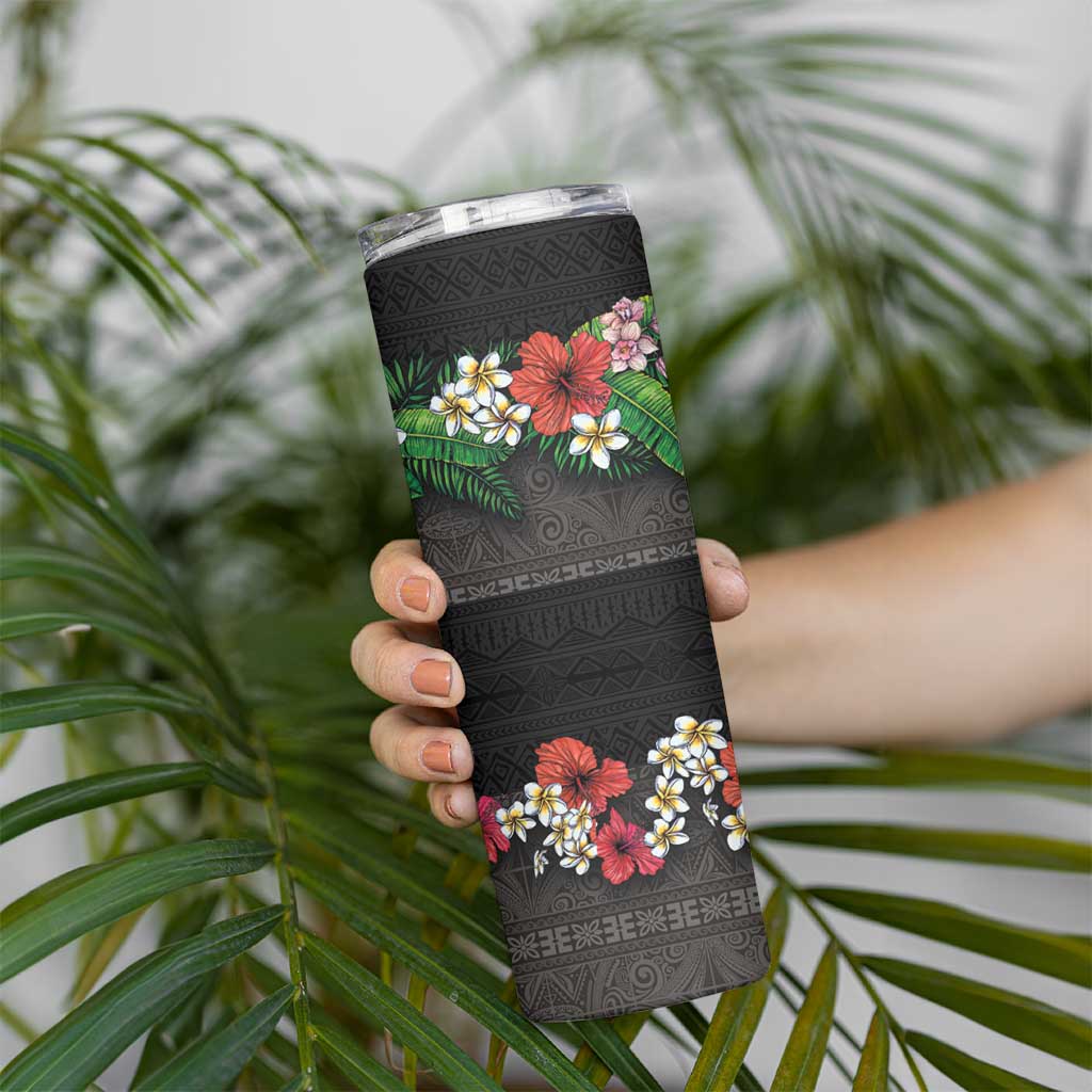 Hawaiian Tropical Flowers and Tribal Polynesian Tattoo Skinny Tumbler Black Color LT03 - Polynesian Pride