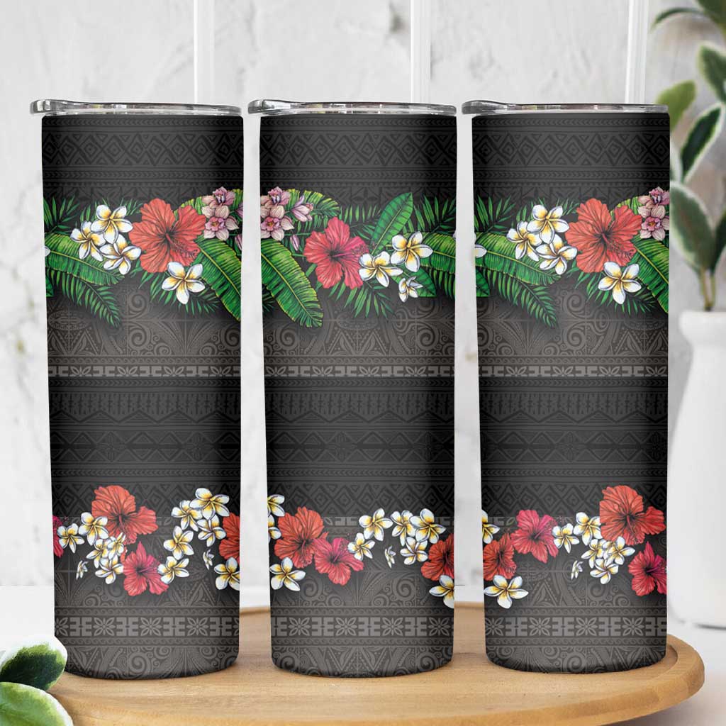 Hawaiian Tropical Flowers and Tribal Polynesian Tattoo Skinny Tumbler Black Color LT03 - Polynesian Pride
