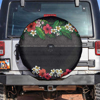Hawaiian Tropical Flowers and Tribal Polynesian Tattoo Spare Tire Cover Black Color LT03 Black - Polynesian Pride