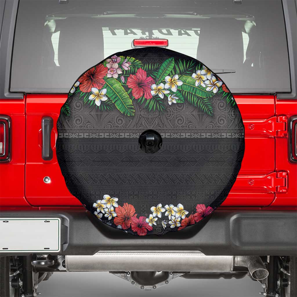Hawaiian Tropical Flowers and Tribal Polynesian Tattoo Spare Tire Cover Black Color LT03 - Polynesian Pride