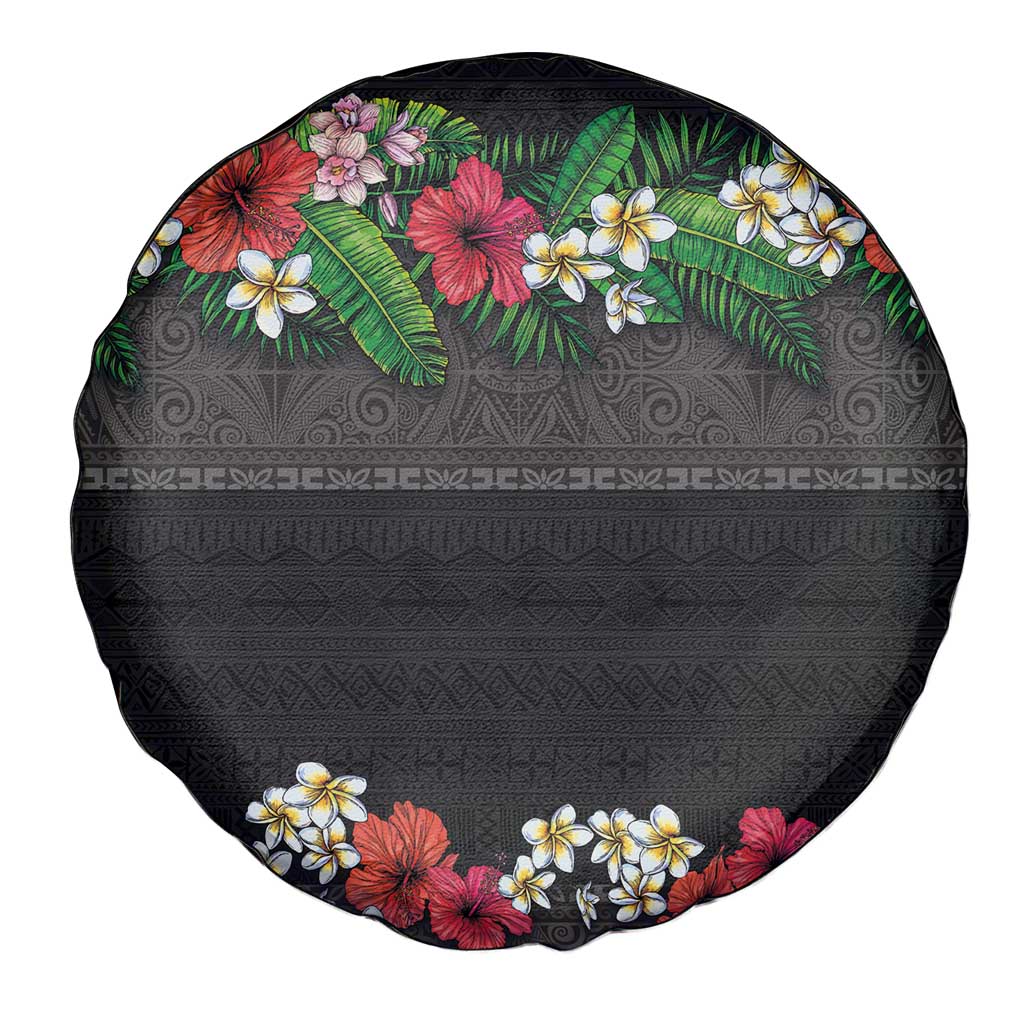 Hawaiian Tropical Flowers and Tribal Polynesian Tattoo Spare Tire Cover Black Color LT03 - Polynesian Pride