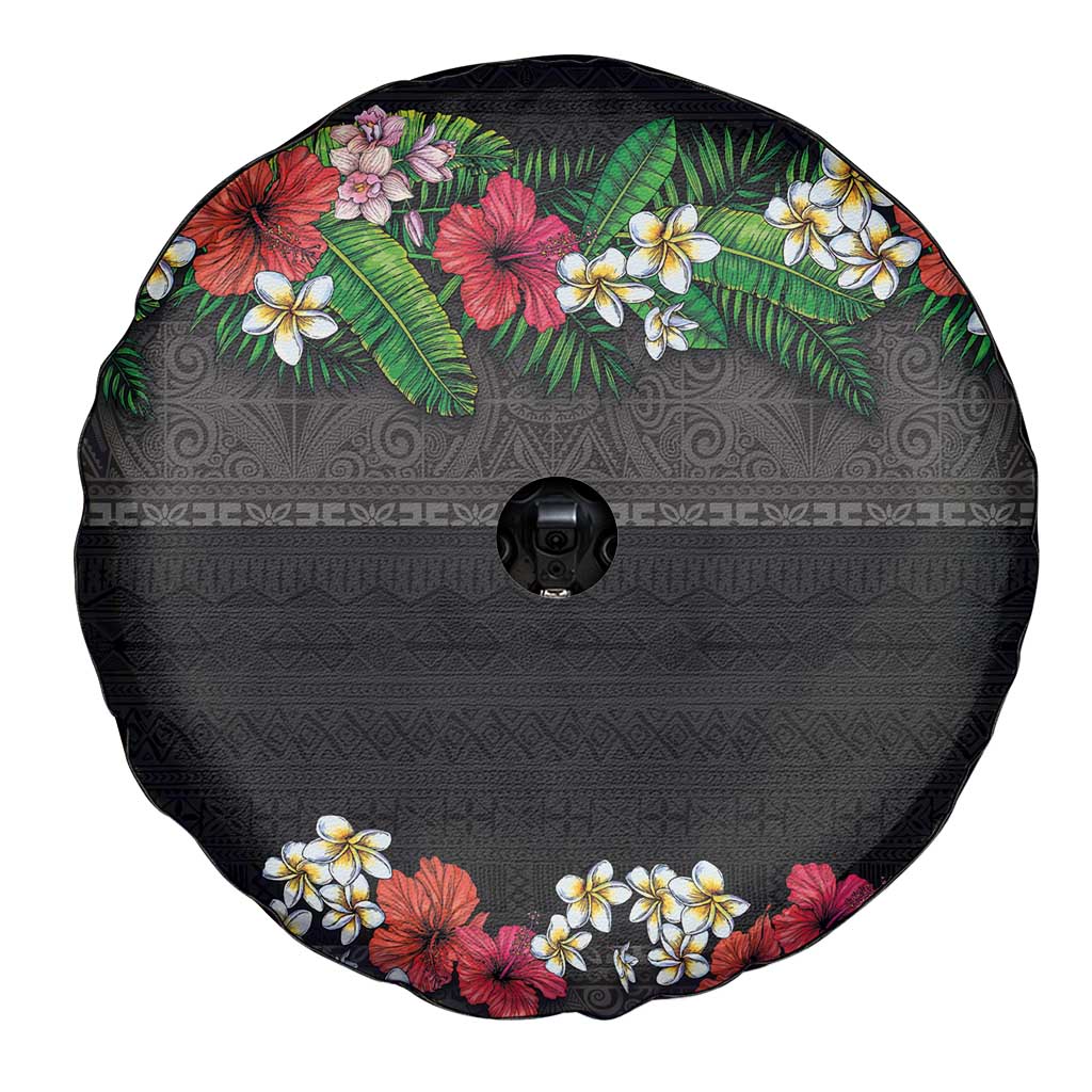 Hawaiian Tropical Flowers and Tribal Polynesian Tattoo Spare Tire Cover Black Color LT03 - Polynesian Pride