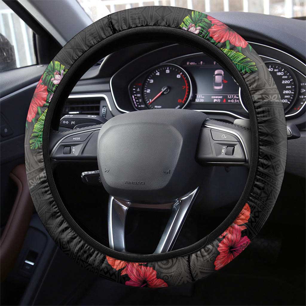 Hawaiian Tropical Flowers and Tribal Polynesian Tattoo Steering Wheel Cover Black Color LT03 - Polynesian Pride
