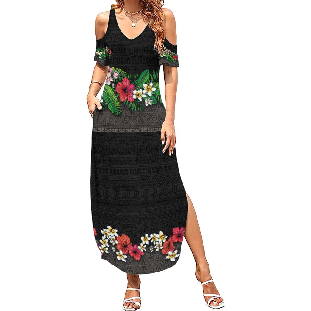 Hawaiian Tropical Flowers and Tribal Polynesian Tattoo Summer Maxi Dress Black Color LT03 Women Black - Polynesian Pride