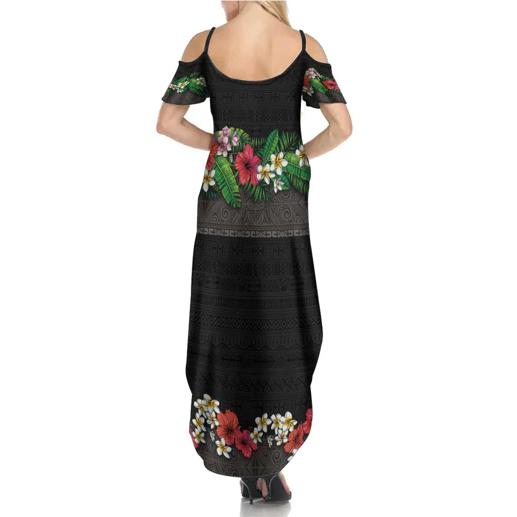 Hawaiian Tropical Flowers and Tribal Polynesian Tattoo Summer Maxi Dress Black Color LT03 - Polynesian Pride