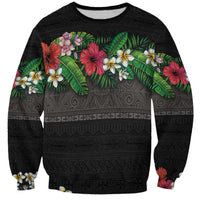 Hawaiian Tropical Flowers and Tribal Polynesian Tattoo Sweatshirt Black Color LT03 Unisex Black - Polynesian Pride