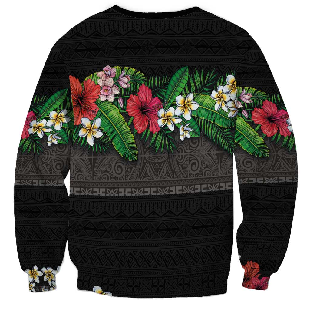 Hawaiian Tropical Flowers and Tribal Polynesian Tattoo Sweatshirt Black Color LT03 - Polynesian Pride