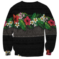Hawaiian Tropical Flowers and Tribal Polynesian Tattoo Sweatshirt Black Color LT03 - Polynesian Pride