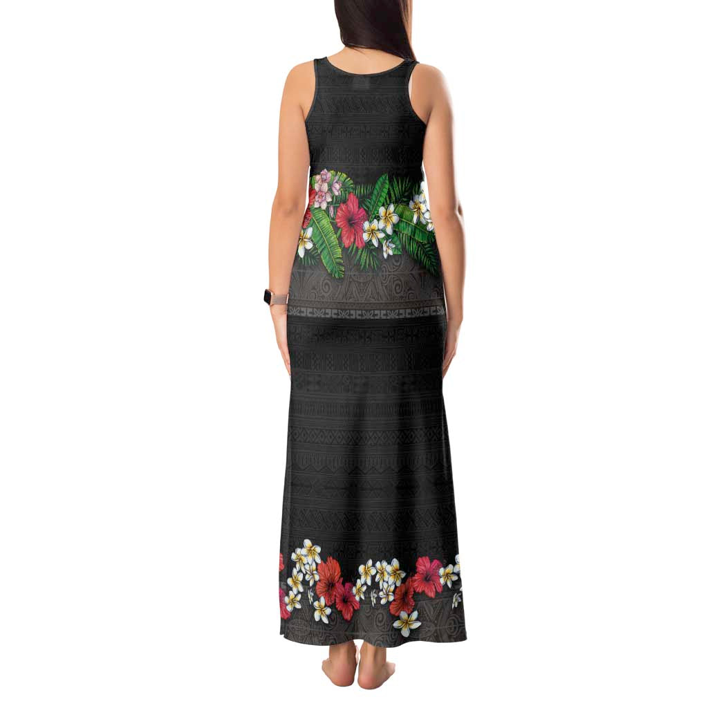 Hawaiian Tropical Flowers and Tribal Polynesian Tattoo Tank Maxi Dress Black Color LT03 - Polynesian Pride