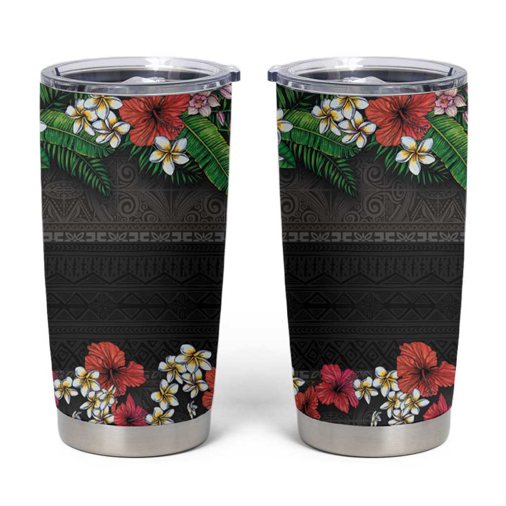Hawaiian Tropical Flowers and Tribal Polynesian Tattoo Tumbler Cup Black Color LT03 Black - Polynesian Pride