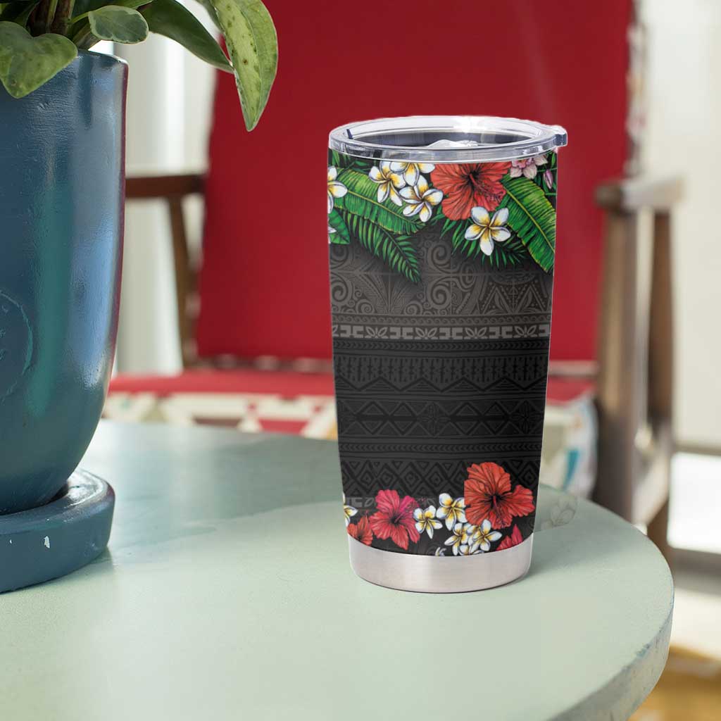 Hawaiian Tropical Flowers and Tribal Polynesian Tattoo Tumbler Cup Black Color LT03 - Polynesian Pride