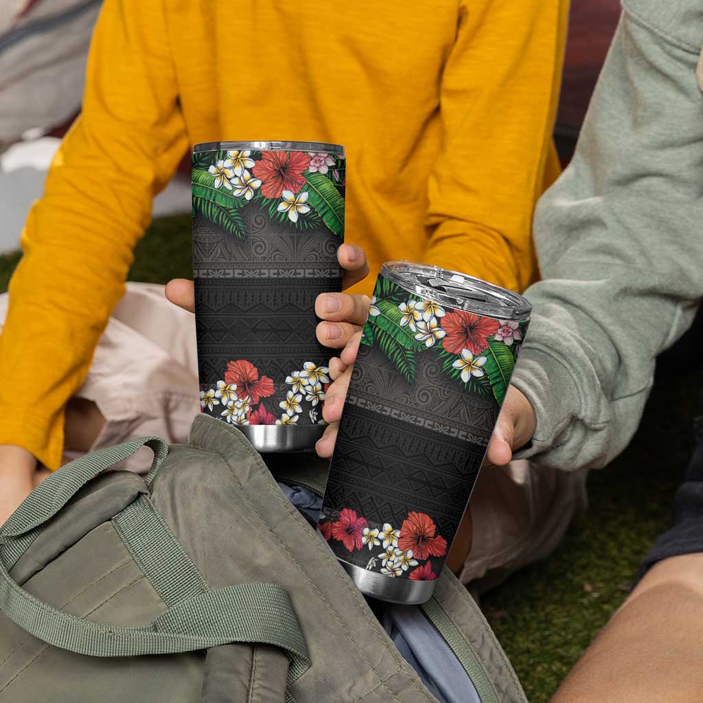 Hawaiian Tropical Flowers and Tribal Polynesian Tattoo Tumbler Cup Black Color LT03 - Polynesian Pride