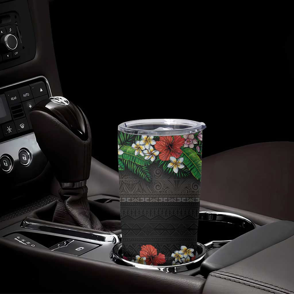 Hawaiian Tropical Flowers and Tribal Polynesian Tattoo Tumbler Cup Black Color LT03 - Polynesian Pride