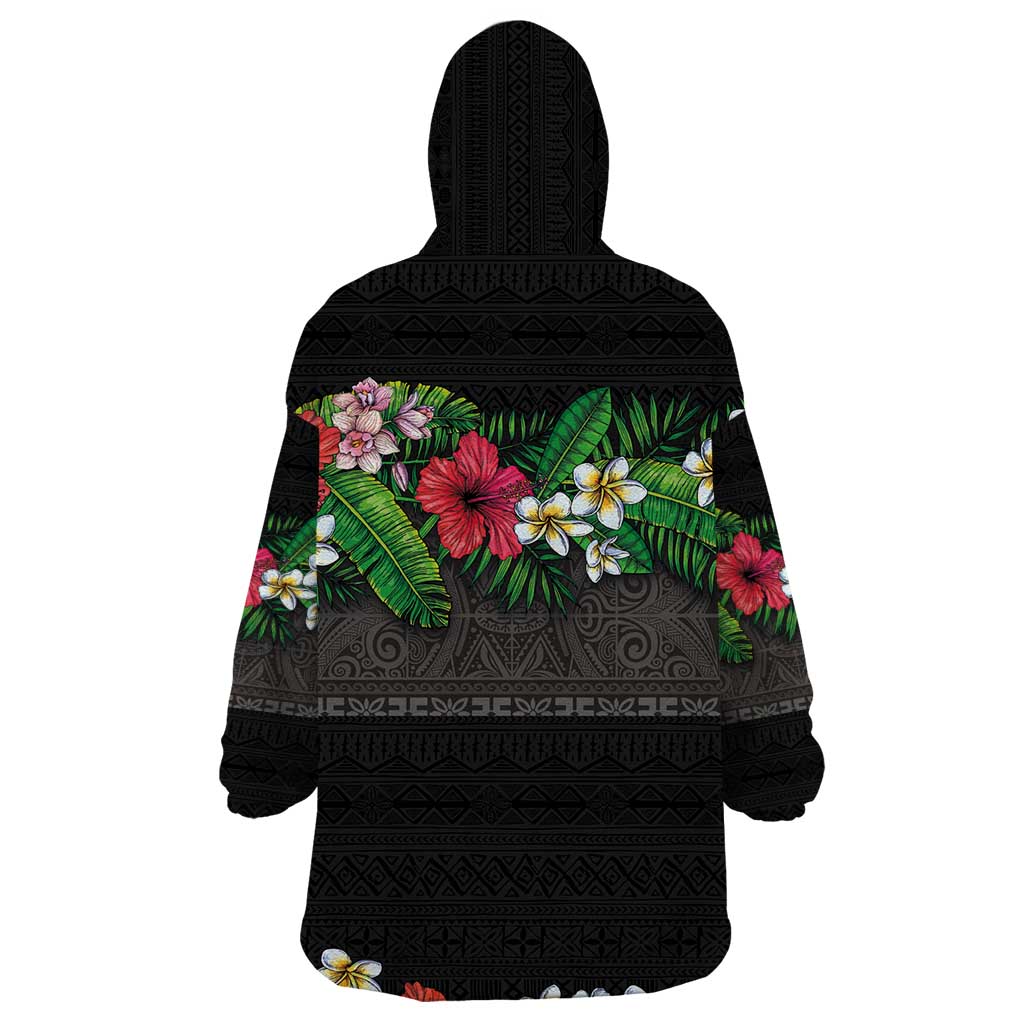 Hawaiian Tropical Flowers and Tribal Polynesian Tattoo Wearable Blanket Hoodie Black Color LT03 - Polynesian Pride
