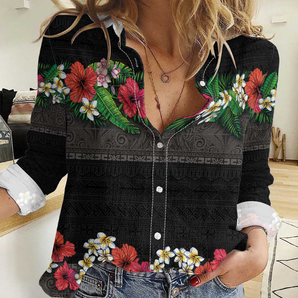 Hawaiian Tropical Flowers and Tribal Polynesian Tattoo Women Casual Shirt Black Color LT03 Female Black - Polynesian Pride