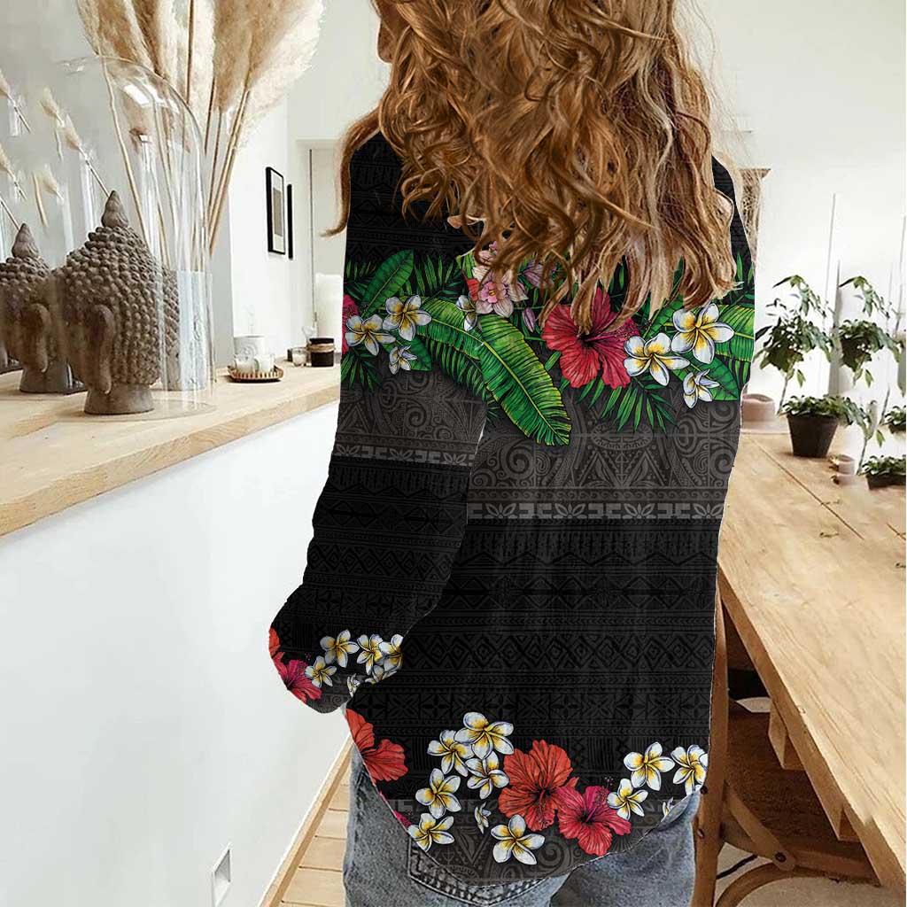 Hawaiian Tropical Flowers and Tribal Polynesian Tattoo Women Casual Shirt Black Color LT03 - Polynesian Pride