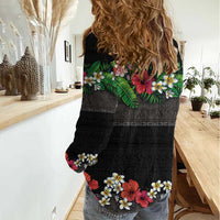 Hawaiian Tropical Flowers and Tribal Polynesian Tattoo Women Casual Shirt Black Color LT03 - Polynesian Pride