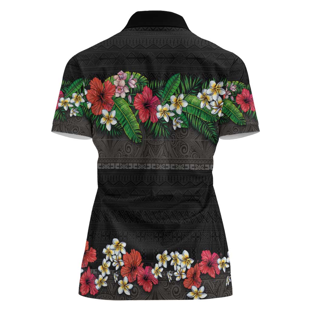 Hawaiian Tropical Flowers and Tribal Polynesian Tattoo Women Polo Shirt Black Color LT03 - Polynesian Pride