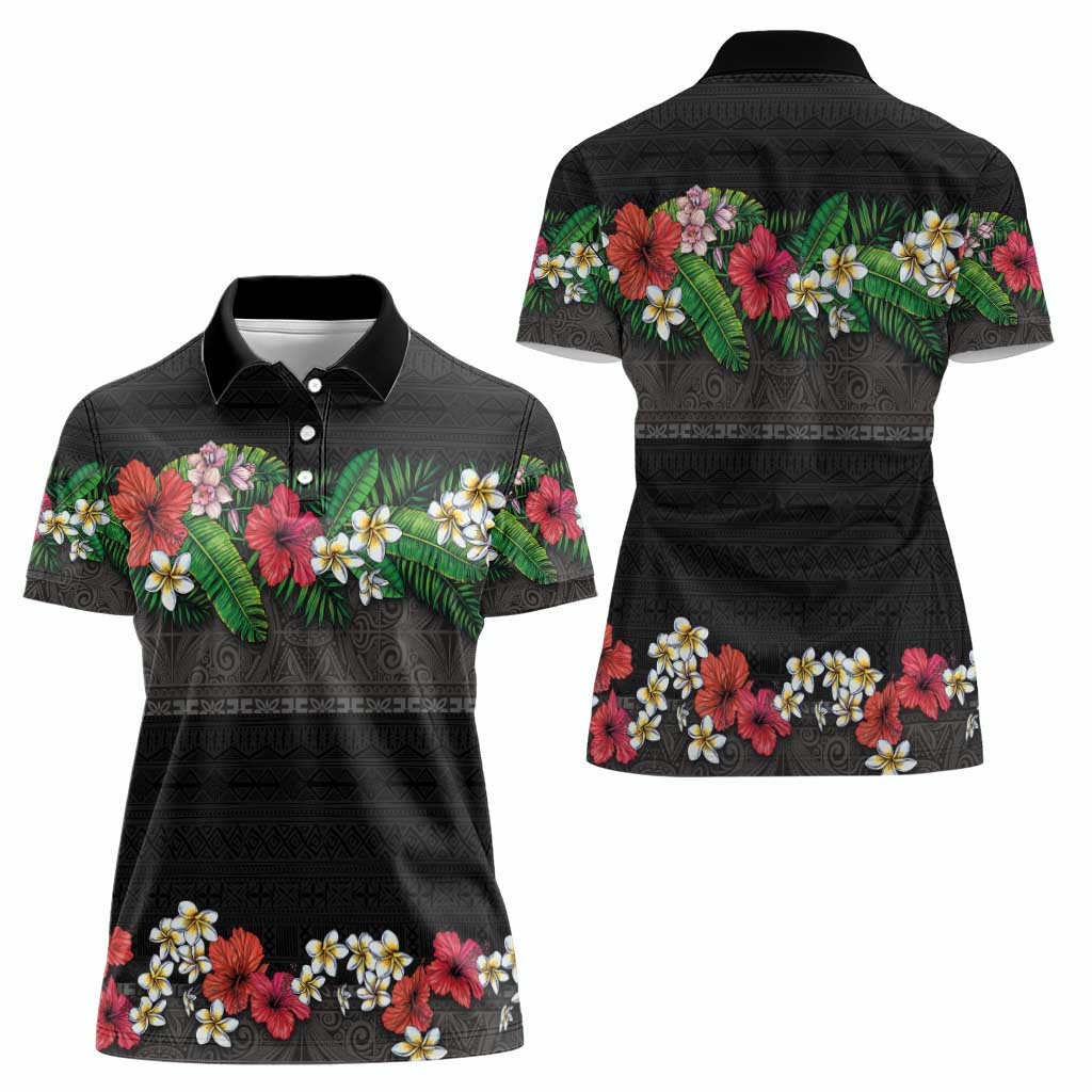 Hawaiian Tropical Flowers and Tribal Polynesian Tattoo Women Polo Shirt Black Color LT03 - Polynesian Pride