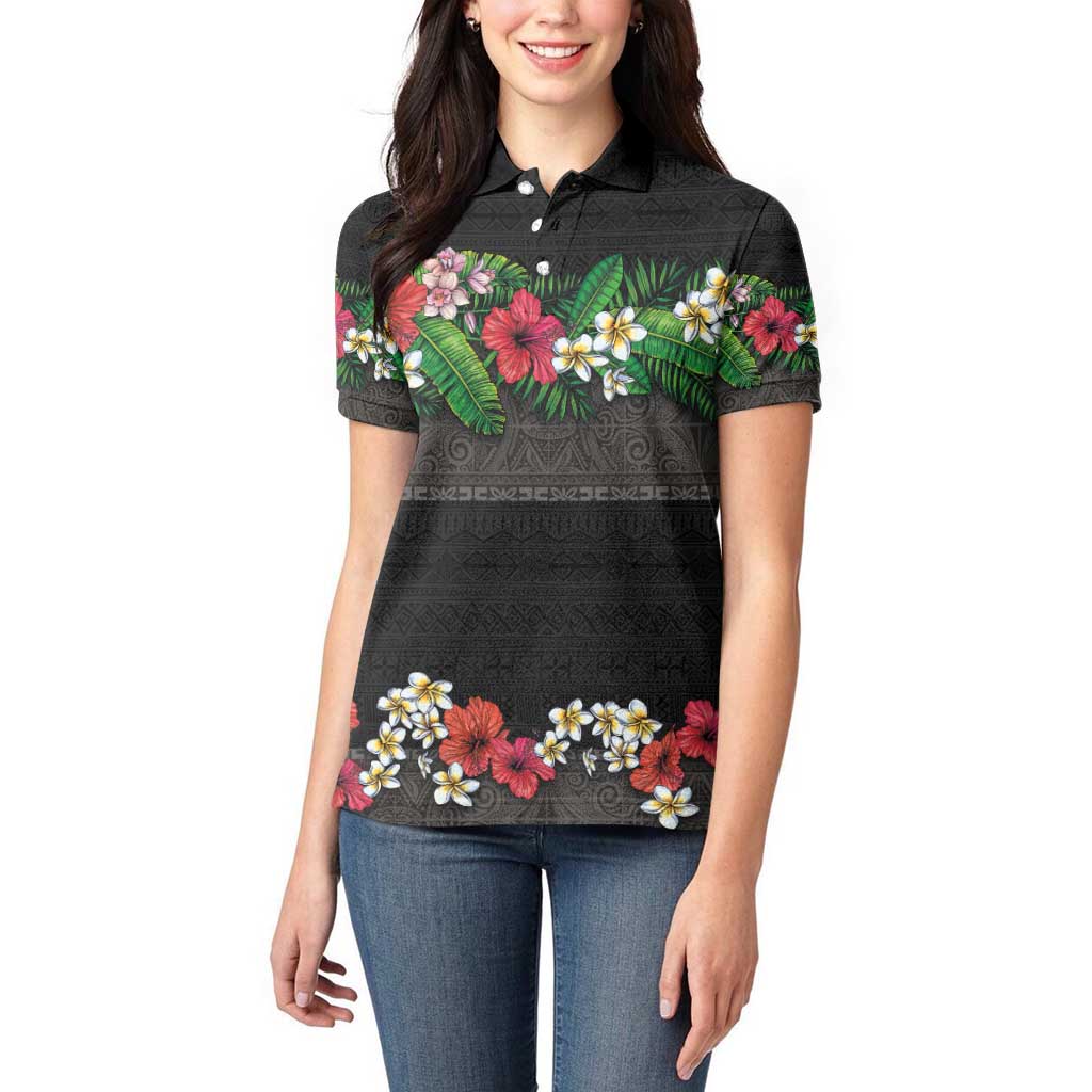 Hawaiian Tropical Flowers and Tribal Polynesian Tattoo Women Polo Shirt Black Color LT03 - Polynesian Pride