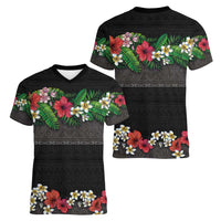 Hawaiian Tropical Flowers and Tribal Polynesian Tattoo Women V-Neck T-Shirt Black Color LT03 - Polynesian Pride
