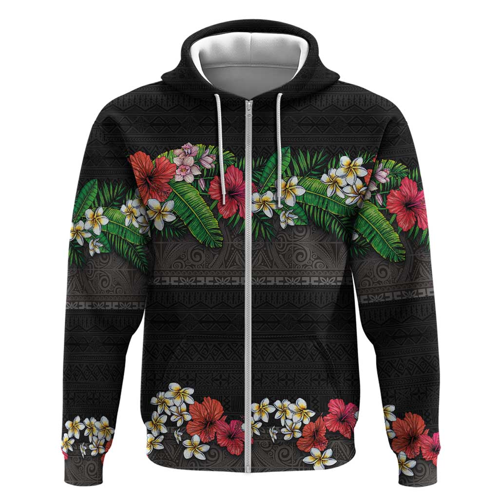 Hawaiian Tropical Flowers and Tribal Polynesian Tattoo Zip Hoodie Black Color LT03 Zip Hoodie Black - Polynesian Pride