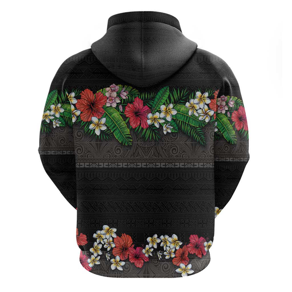 Hawaiian Tropical Flowers and Tribal Polynesian Tattoo Zip Hoodie Black Color LT03 - Polynesian Pride