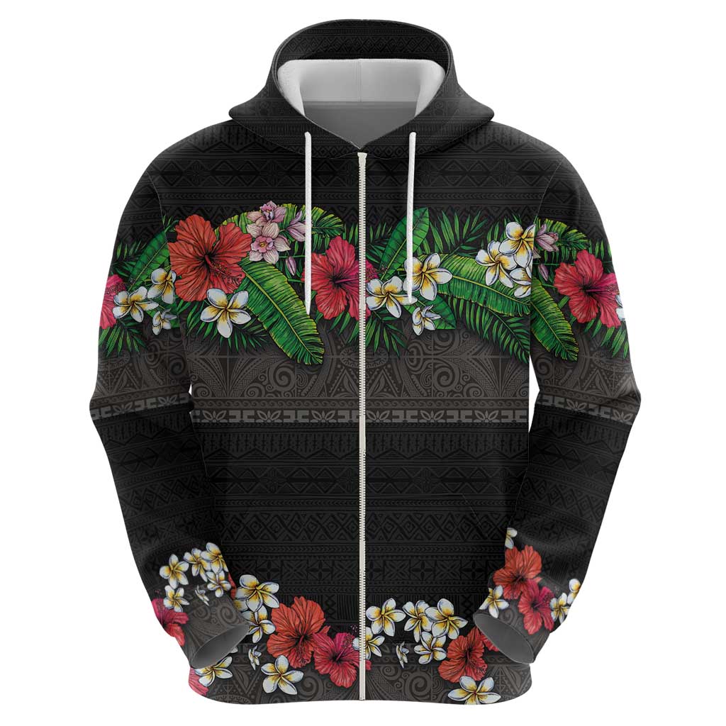 Hawaiian Tropical Flowers and Tribal Polynesian Tattoo Zip Hoodie Black Color LT03 - Polynesian Pride