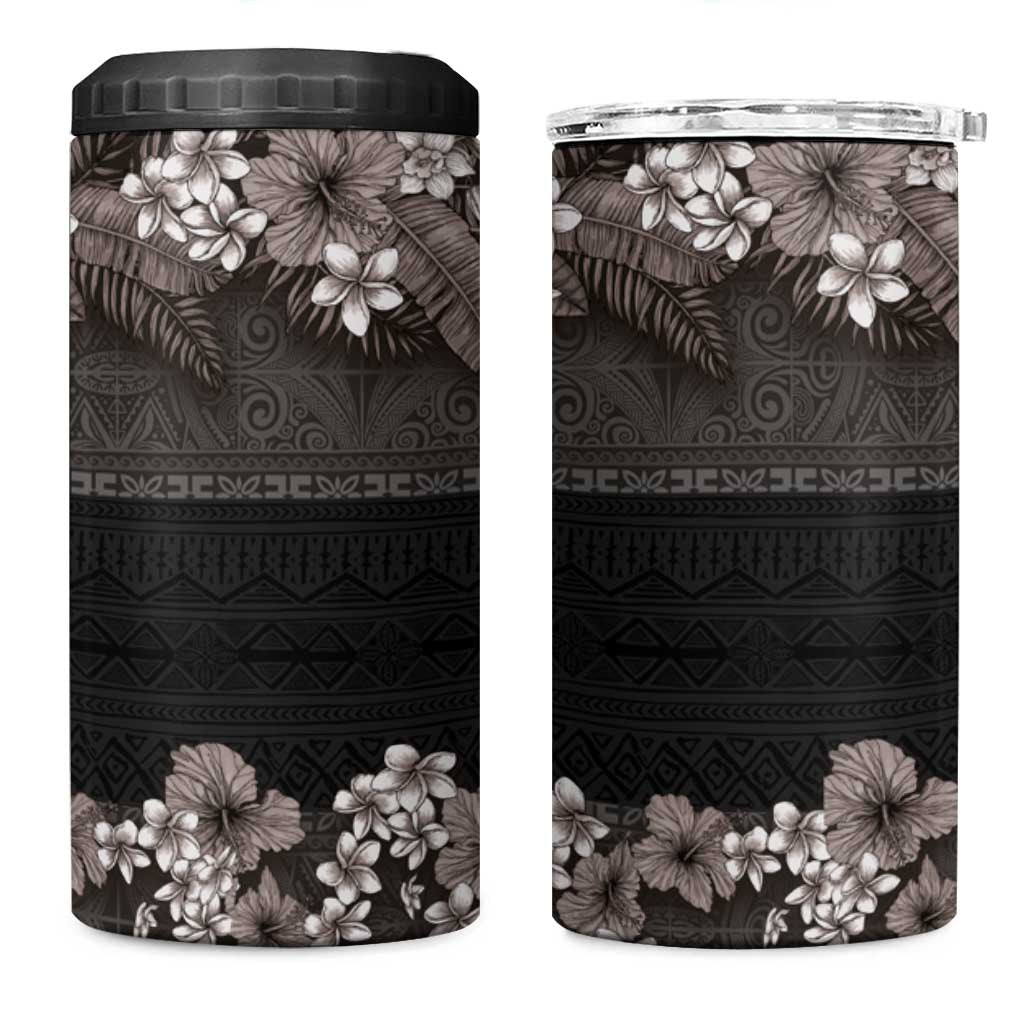 Hawaiian Tropical Flowers and Tribal Polynesian Tattoo 4 in 1 Can Cooler Tumbler Grayscale Mode LT03 One Size: 16 oz Black - Polynesian Pride