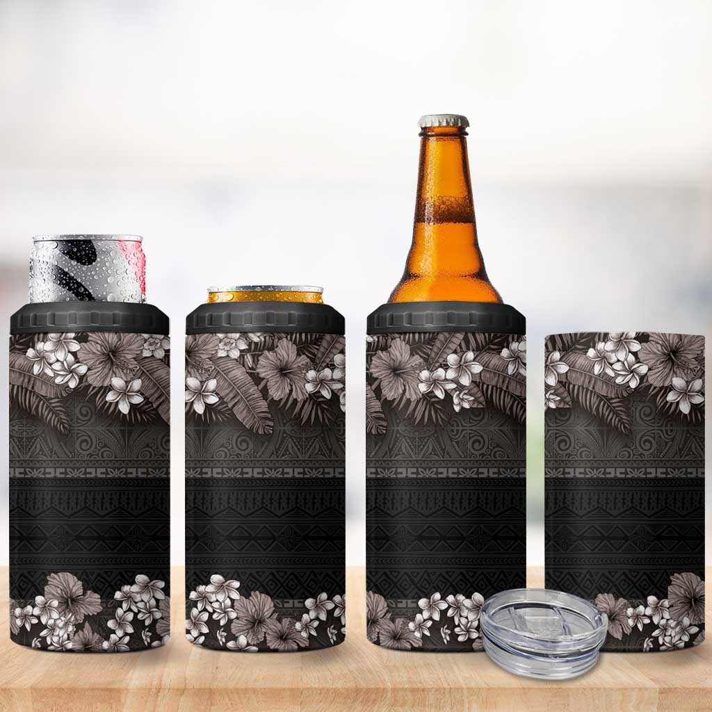 Hawaiian Tropical Flowers and Tribal Polynesian Tattoo 4 in 1 Can Cooler Tumbler Grayscale Mode LT03 - Polynesian Pride