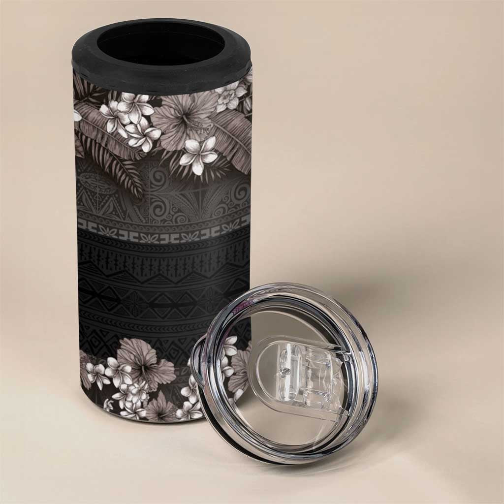 Hawaiian Tropical Flowers and Tribal Polynesian Tattoo 4 in 1 Can Cooler Tumbler Grayscale Mode LT03 - Polynesian Pride