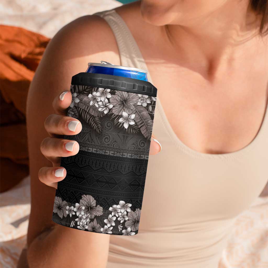 Hawaiian Tropical Flowers and Tribal Polynesian Tattoo 4 in 1 Can Cooler Tumbler Grayscale Mode LT03 - Polynesian Pride