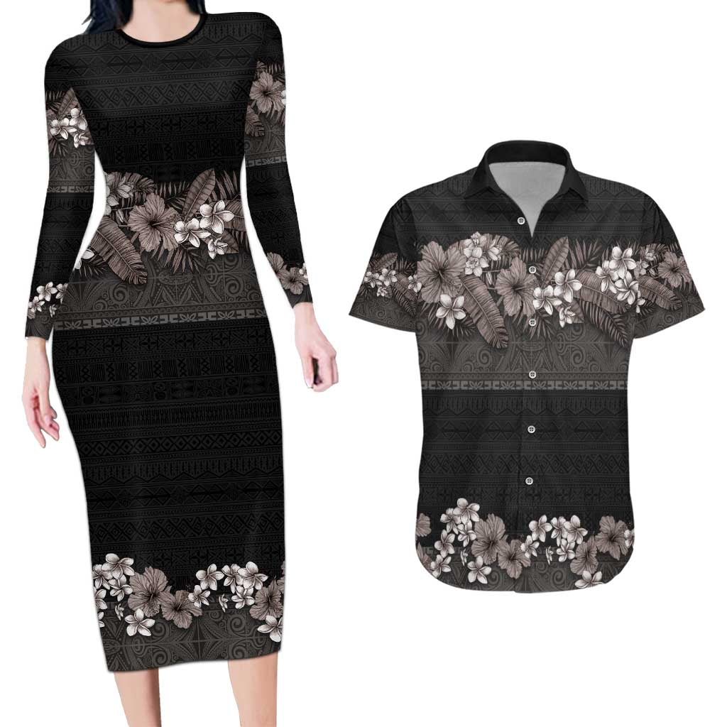 Hawaiian Tropical Flowers and Tribal Polynesian Tattoo Couples Matching Long Sleeve Bodycon Dress and Hawaiian Shirt Grayscale Mode LT03 Black - Polynesian Pride
