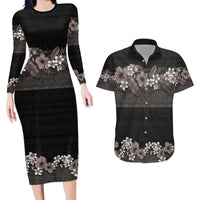 Hawaiian Tropical Flowers and Tribal Polynesian Tattoo Couples Matching Long Sleeve Bodycon Dress and Hawaiian Shirt Grayscale Mode LT03 Black - Polynesian Pride