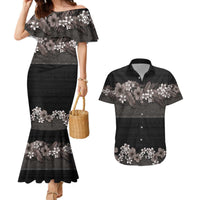 Hawaiian Tropical Flowers and Tribal Polynesian Tattoo Couples Matching Mermaid Dress and Hawaiian Shirt Grayscale Mode LT03 Black - Polynesian Pride