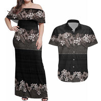 Hawaiian Tropical Flowers and Tribal Polynesian Tattoo Couples Matching Off Shoulder Maxi Dress and Hawaiian Shirt Grayscale Mode LT03 Black - Polynesian Pride