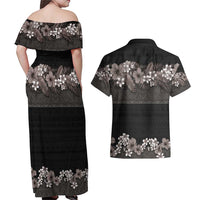 Hawaiian Tropical Flowers and Tribal Polynesian Tattoo Couples Matching Off Shoulder Maxi Dress and Hawaiian Shirt Grayscale Mode LT03 - Polynesian Pride