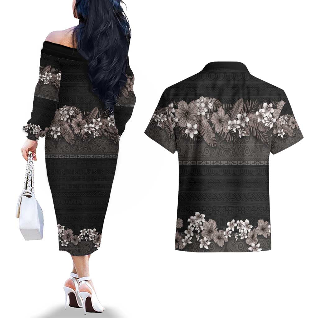 Hawaiian Tropical Flowers and Tribal Polynesian Tattoo Couples Matching Off The Shoulder Long Sleeve Dress and Hawaiian Shirt Grayscale Mode