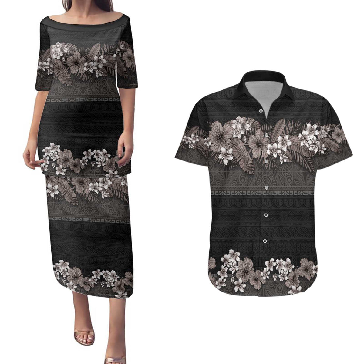 Hawaiian Tropical Flowers and Tribal Polynesian Tattoo Couples Matching Puletasi and Hawaiian Shirt Grayscale Mode LT03 Black - Polynesian Pride